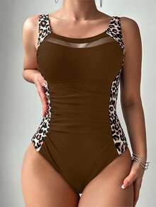 SHEIN Swim Springbreak Women One-Piece Solid Color Mesh Patchwork Ruffle Trim Leopard Print Swimsuit, Fashionable & Elegant For Vacation - Multicolor - View 4