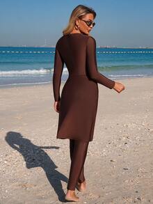 Swim Mulvari 3件套女士连体长袖拉链口袋金属装饰泳衣，长款弹力腰泳裤，不对称下摆裙摆布基尼套装，春夏保守泳装，女士棕色长袖泳衣，棕色连体泳衣，女士棕色泳装，女士棕色两件套 - 棕色 - 查看 2