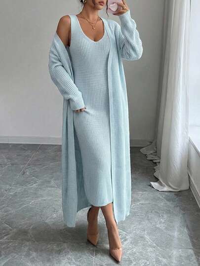 SHEIN Cottnline 2pcs Women's Solid V-Neck Sleeveless Dress And Long Sleeve Casual Jacket Set