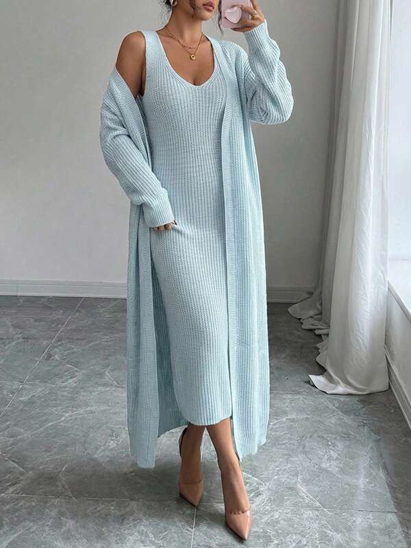 SHEIN Cottnline 2pcs Women's Solid V-Neck Sleeveless Dress And Long Sleeve Casual Jacket Set