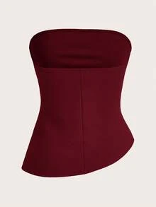 SHEIN Essnce Women's Solid Color Bandeau Pleated Asymmetrical Hem Fashionable Blouse Tube Top Strapless Bodysuit Curve Tube Top Red Tube Top Strapless Tube Top - Burgundy - View 2