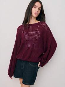 Nöista Áo len màu mận, thiết kế dệt thưa, dáng rộng thoải mái, cổ tròn, cổ tay và viền dưới bo gân. Hoàn hảo để mặc nhiều lớp. Ấm áp, mùa xuân, dáng rộng, mùa hè, chất liệu dệt kim. - Màu Đỏ Sâu - Xem 3
