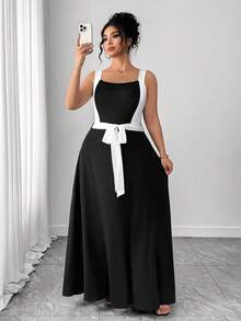 Elenzga Plus Size Women's New Elegant Contrast Color Square Neck Bodycon Jumpsuit, Suitable For Work And Everyday Wear Black Dress With White Trim Black And White Dress Women Elegant Long Black And White Dress - Multicolor - View 3