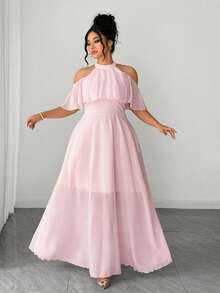 Elenzga Pink Woven Fabric Halter Neck Cold Shoulder Flared Long Dress With Zipper Details - Pink - View 5