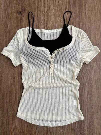 Franclia 女士休闲纽扣短袖上衣，纯色上衣，夏季女士短袖上衣，夏季女士上衣，女士紧身衣