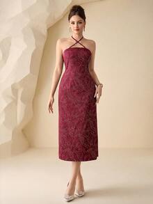 Modelyn Conjunto elegante de 2 piezas para mujer: Chaqueta de manga larga de gasa en borgoña y vestido de línea A con cintura ceñida y escote halter metálico, para primavera/verano - Burdeos - Ver 5