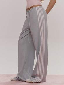 MUSERA Pink Side Stripe Drawstring Tie Waist Wide Leg Relaxed Trouser Cute Girly Sexy Spring Winter Going Out Daily Easter Sugar Swizzle - Grey - View 3