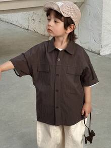 DAZY Camisa casual de manga corta, hombros caídos y botones delanteros de unicolor para niño, primavera-verano - Marrón - Ver 9