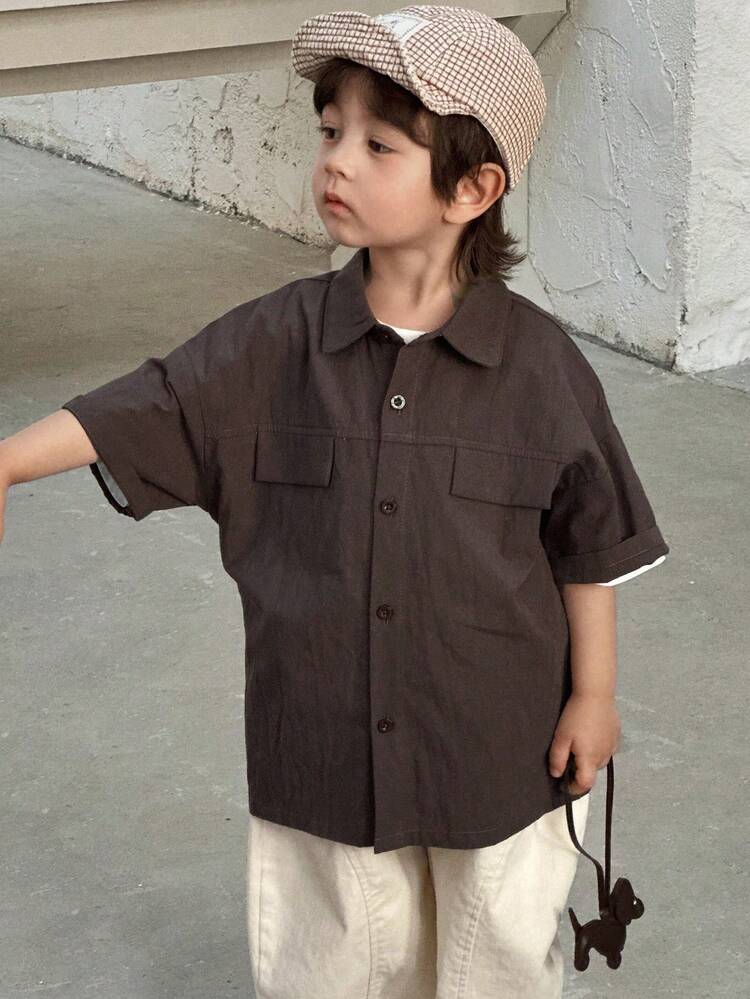 Young Boy Solid Color Short Sleeve Drop Shoulder Casual Button-Front Shirt Spring Summer