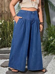 Breezaya 大码女式休闲宽松阔腿牛仔裤，街头度假风 - 中等水洗藍 - 查看 5