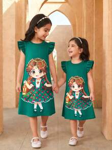 1pc Young Girl Lantern Graphic Cap Sleeve Casual Minimalist Green Dress, Fashionable, Elegant & Cute, Comfortable Summer - Multicolor - View 1