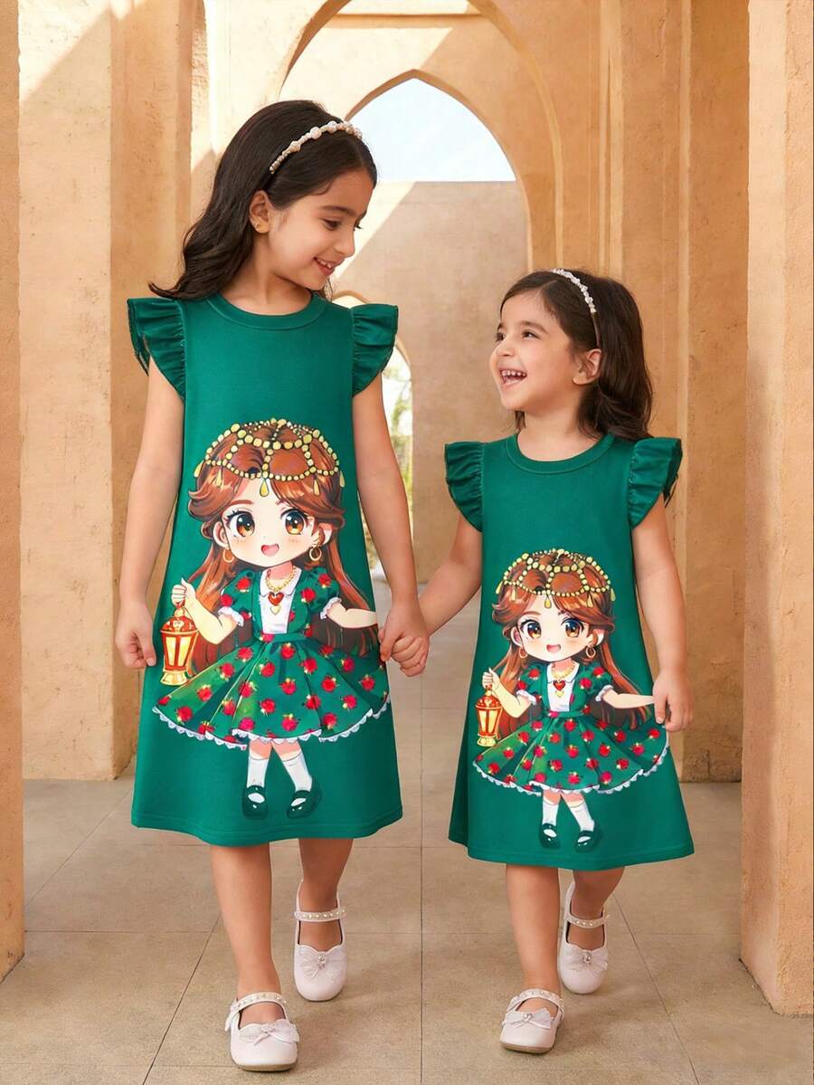 1pc Young Girl Lantern Graphic Cap Sleeve Casual Minimalist Green Dress, Fashionable, Elegant & Cute, Comfortable Summer - Multicolor - View 1