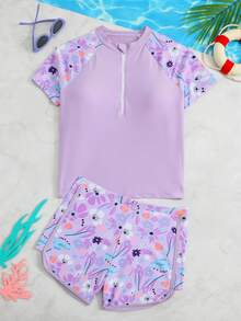 SHEIN 少女比基尼套装，紫色短袖上衣和短裤两件式泳装，时尚休闲优雅，适合少女游泳、夏季度假、海滩和泳池穿着。 - 紫色 - 查看 3