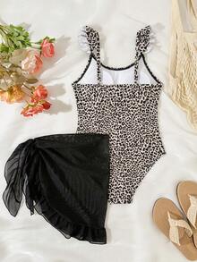 SHEIN Tween Girls Leopard Print Shoulder Strap Ruffle One-Piece Swimsuit With Ruffle Hem Skirt, Suitable For Swimming, Vacation, Summer Beach Leopard Print Swimsuit Leopard Bathing Suit Animal Print Bathing Suit Cheetah Print Swimsuit Cheetah Bathing Suit - Black - View 2