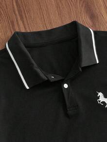 SWAVVY Áo polo nam tay ngắn in họa tiết tối giản - màu đen - Xem 3