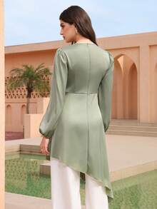 Graceveil Elegant Women's Beaded Asymmetrical Ruched Waist Long Sleeve Blouse, Slim Fit, High-End French Style - Green - View 7
