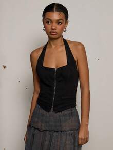 COUREZ Halter Neck Zip Up Denim Top /Y2K Spring Clothes For Women Cute Sexy Black Tops Going Out Party Rave Outfits Summer Tops Summer Outfits - Black - View 5