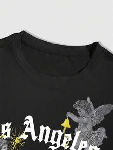 Street Life Men's Casual Angel Letter Print Short Sleeve T-Shirt, Summer - Black - View 3
