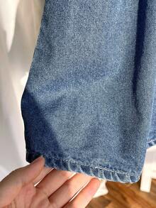 Baby Girl Denim Dress With Wide Ribbon Bow And Contrast Collar - Light Wash - View 6