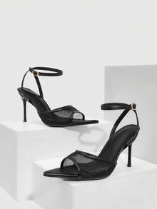 CUCCOO SZL 2025新款网面露趾高跟凉鞋，时尚绑带性感细高跟网面夏季女鞋 - 黑色 - 查看 3