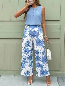 SHEIN Clasi Women's Crew Neck Sleeveless Loose Pleated Blue Floral Print Wide Leg Pants, Elegant Casual Outfit For Outings And Vacation, Spring/Summer Two Pieces Women Sets Summer Women's Summer Sets 2 Pc Summer Outfits Ladies Casual Sets Summer Outfit For Women Vacation Outfits Women, Holiday Outfitssummer Outfits, Spring Outfit, Beach Outfit, Festival Outfits, Vacation Outfits, Office Outfits, Country Outfit Women / For Women Elegant Dress, Elegant Party Dress, Elegant Blouse, Casual Classy Casual Dress, Casual Blouse, Casual Sets, Casual Long Dresses Beach Dress, Beach Outfit, Vacation Dress, Summer Holiday Outfits Wedding Guest Dress, Bridesmaid Dress, Graduation Dress - Multicolor - View 4