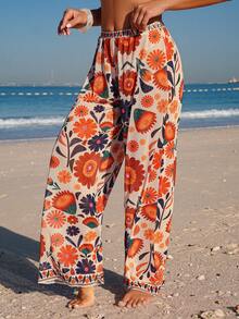 Swim Lushoire 女士印花雪纺和服裤装套装，波西米亚风海滩度假 - 彩色 - 查看 1