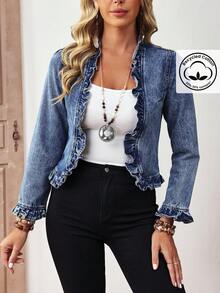 EMERY ROSE Plus Size Women Street Casual Comfortable Ruffle Trim Mid-Blue Denim Jacket - Medium Wash - View 4