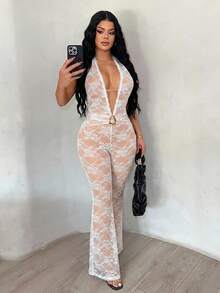 SHEIN SXY 女士露背系带蕾丝拼接性感连体裤，适合约会和派对 - 白色 - 查看 4