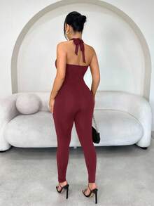 SHEIN SXY 纯色露背吊带无袖连体裤，通勤必备 - 酒紅色 - 查看 2