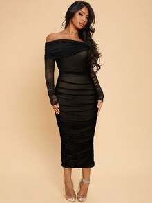 Radiana 春夏露肩荷叶边网纱性感紧身约会长袖连衣裙 - 彩色 - 查看 5