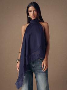 SHEIN BAE 优雅蕾丝拼接露背吊带背心，性感缎面无袖上衣，适合派对、鸡尾酒会、正式场合、圣诞节、商务休闲等场合。 - 藏蓝色 - 查看 7