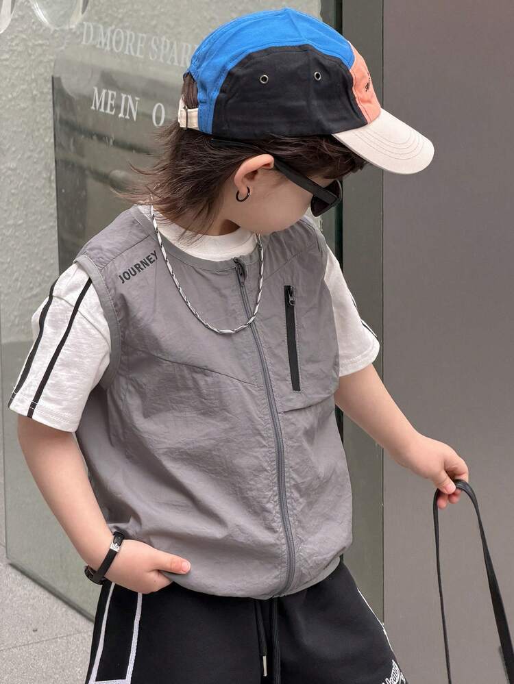 Young Boy Letter Print Zip Front Casual Vest Jacket