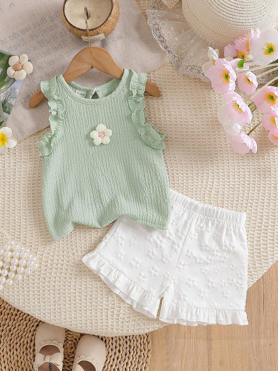 SHEIN Vintaside Kids Baby Girls' Cute Jacquard Vest And Jacquard Shorts Set, Spring/Summer - Green - View 1