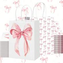 粉色蝴蝶结礼品袋，12个装 - 可重复使用的牛皮纸礼品袋，带提手，适用于婚礼、生日、婴儿派对、单身派对回礼、圣诞礼物和派对装饰 - 彩色 - 查看 9