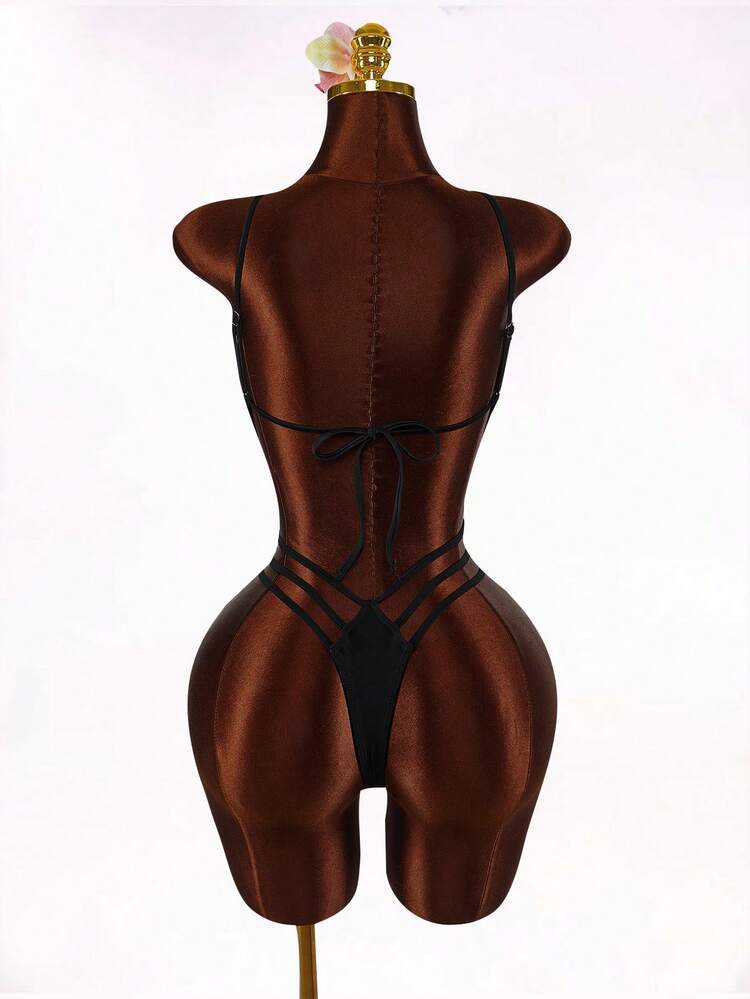 Amplova 一件式女士性感露背挂脖连体泳衣，带钢圈，适合度假和日常穿着 - 黑色 - 查看 3