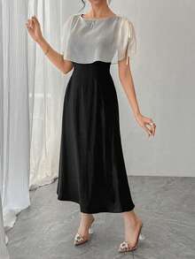 DAZY Women's Round Neck Mesh Shawl Patchwork Elegant Waist Cinched Long Party Dress - Black - View 8