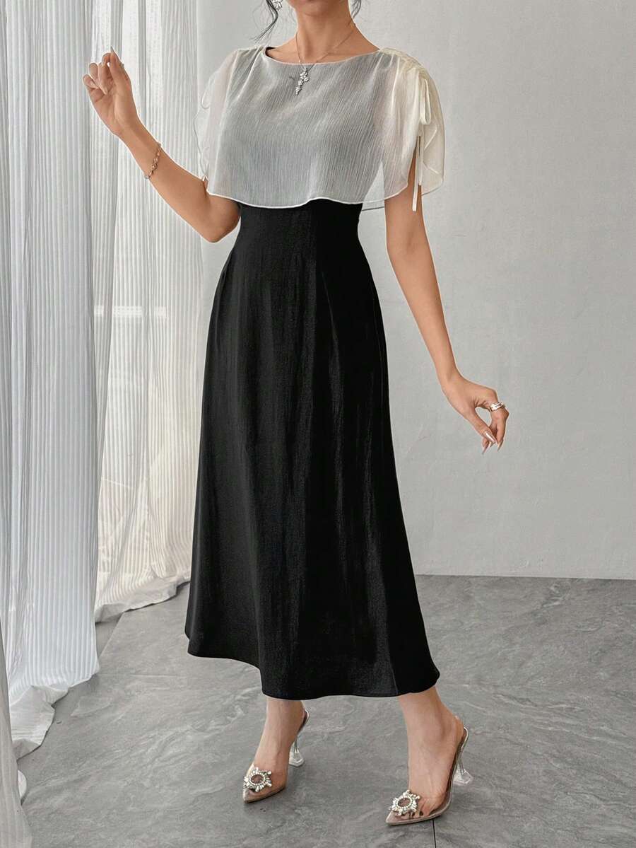 DAZY 女士圆领网纱披肩拼接优雅收腰长款派对连衣裙 - 黑色 - 查看 1