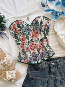 Soleia Áo croptop quây ngực kiểu cung đình cổ điển dành cho nữ, in họa tiết hoa jacquard nhiều màu sắc, có cúc và dây buộc phía sau. - Màu be - Xem 7