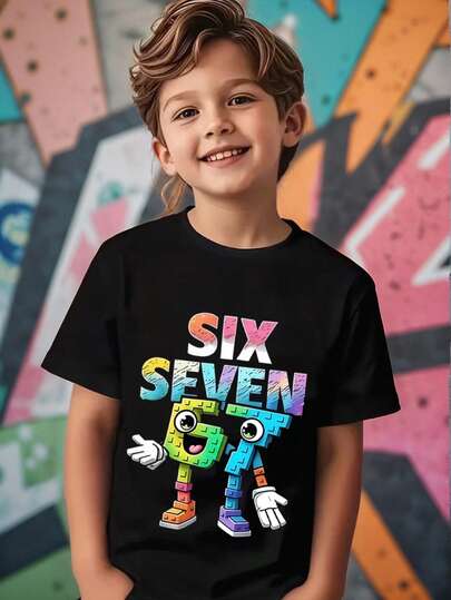 SHEIN Streecool Kids Tween Boys' Casual Comfortable Fashion Minimalist Creative Colorful "67" Number & Letter Graphic Basic Short Sleeve T-Shirt, Suitable For Outdoor, Sports, Party
