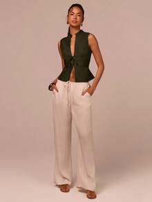 COSMINA 女士优雅深V领系带腰身贝壳纽扣装饰吊带背心，通勤、度假、约会、波西米亚风、办公穿着皆宜，春季必备 - 綠色 - 查看 3