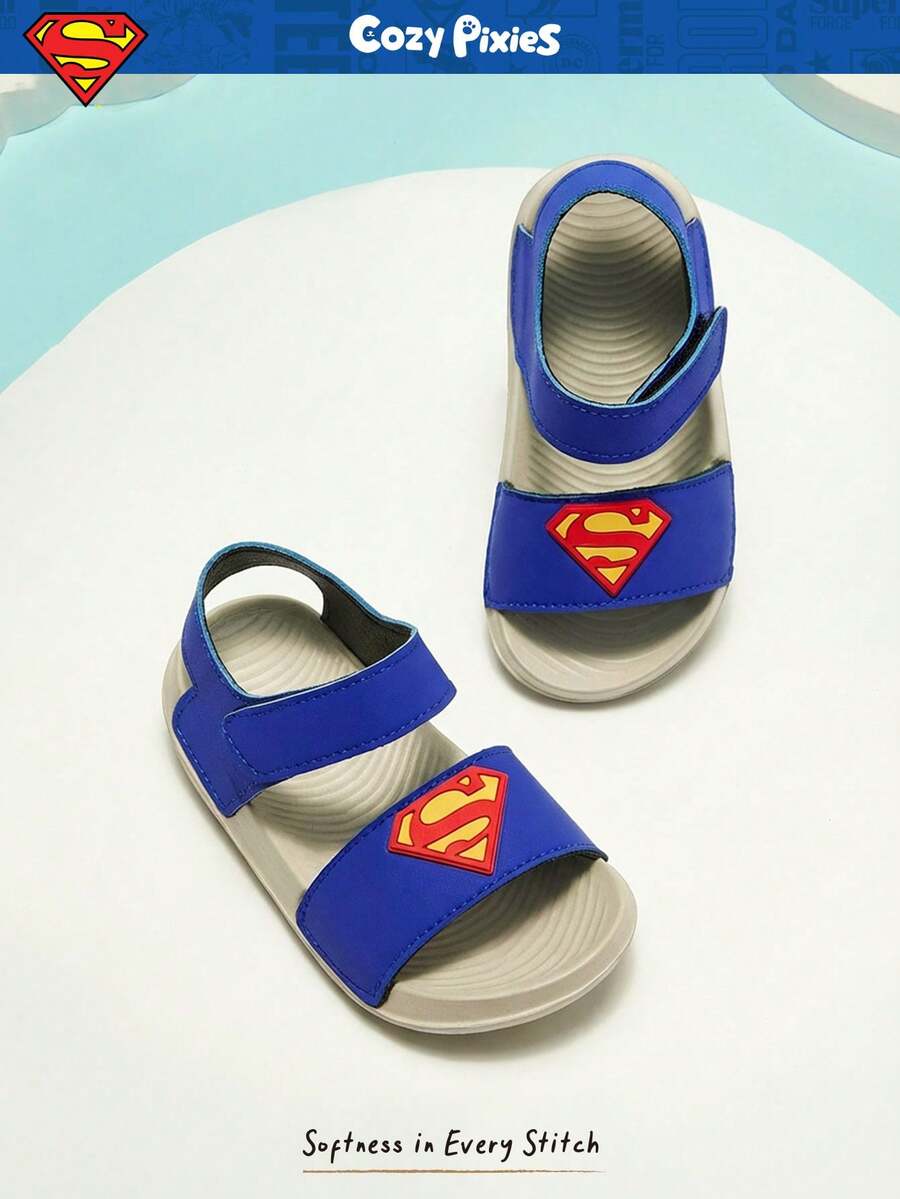 SUPERMAN X Cozy Pixies Summer Baby Sandals Cute Cartoon Design, Breathable Outdoor Casual Sandals With Hook And Loop, Lightweight Non-Slip EVA Sole Toddler Sandals For Various Occasions - Blue - View 1