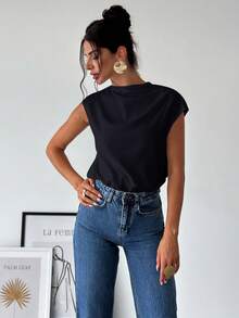 Firerie 女士优雅简约办公/通勤白色立领不对称肩部褶裥修身衬衫 - 藏蓝色 - 查看 2