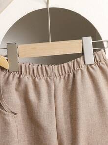 SHEIN Young Girl Commuter Casual Solid Woven Sleeveless Crew Neck Top And Straight Leg Pants Set, French Chic Elegant Formal - Khaki - View 4