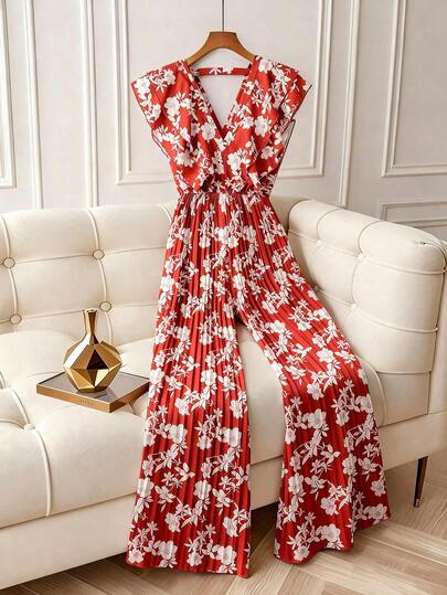 GlowEve Women's Casual Floral Print Deep V-Neck Ruffle Waist Jumpsuit, Suitable For Spring/Summer Vacation
