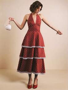 Poéselle 女士波点印花多层露背复古连衣裙 - 紅色 - 查看 7