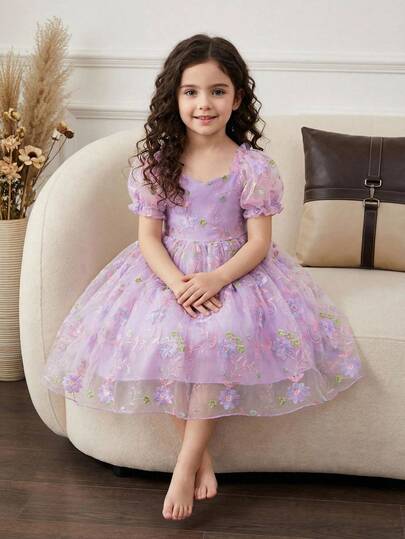 Glamorique Kids Girls' Princess Dress, Elegant & Graceful Embroidered Dress, & Luxurious Party Gown, Suitable For Stage Performance & Special Occasions