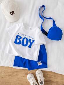 SHEIN 3pcs/Set Baby Boy Baby Boy Casual Cute White T-Shirt Knit Top, Navy Blue Crossbody Bag And Shorts Set, Spring/Summer - Royal Blue - View 6