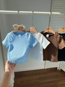 SHEIN 4件套男女宝宝休闲纯色短袖针织T恤套装，春夏宝宝服装 - 彩色 - 查看 6