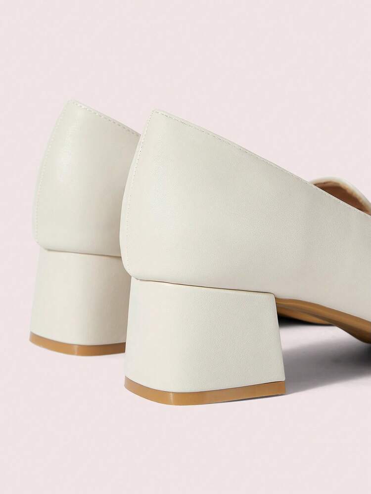 CUCCOO DOLLMOD French Shoes Women's Spring And Autumn Low Vamp Square Toe Middle Heel Thick Heel Soft Leather Metal Buckle Loafers Spring Shoes - Beige - View 9