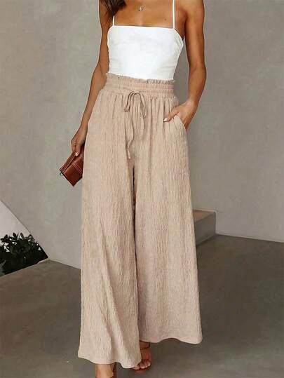 Almamuse 女士法式优雅纹理编织阔腿裤——轻松打造休闲夏季办公室造型 | 高腰抽绳设计，显瘦效果 | 垂坠纹理，尽显休闲优雅